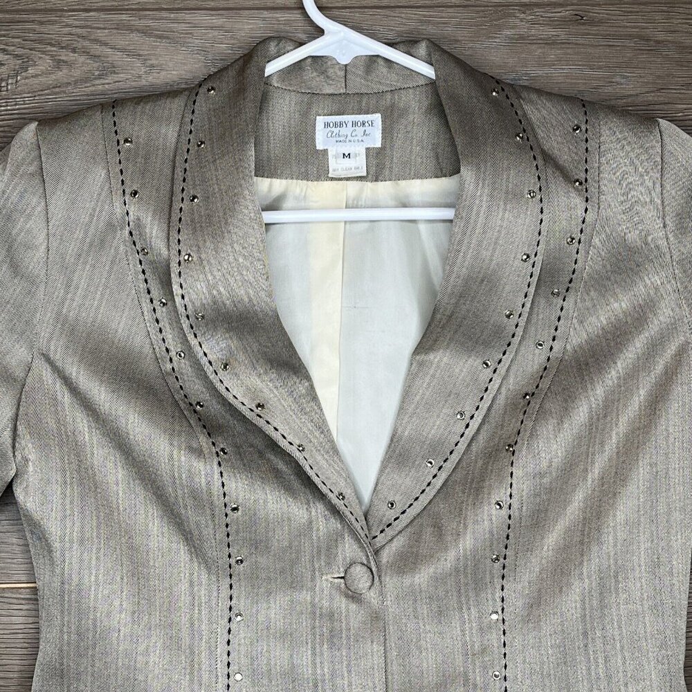 Hobby Horse Woman M Taupe Strip Blk Stitch Sequined 2 Button Western Show Jacket - Picture 5 of 11